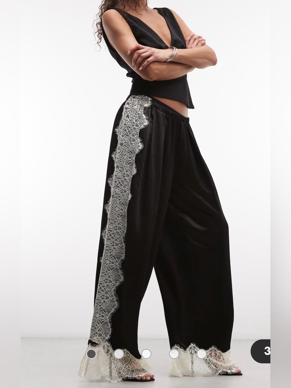 ASOS DESIGN satin wide leg pants with lace in black‎